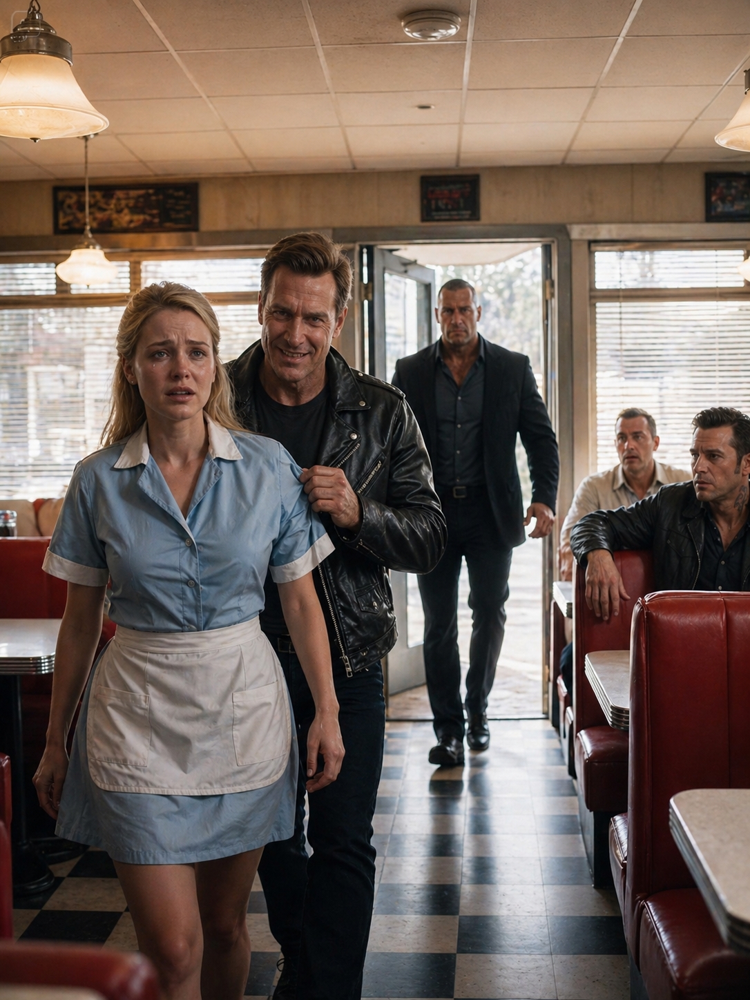 WHEN THE MEN IN THE DINER TORE OPEN HER UNIFORM, THEY THOUGHT THEY WERE HUMILIATING A QUIET WAITRESS—UNTIL THE BELL ABOVE THE DOOR CHIMED, HER HUSBAND STEPPED INSIDE, AND EVERY PERSON IN THE ROOM REALIZED THE NIGHT WAS ABOUT TO BELONG TO THE WRONG KIND OF MERCY