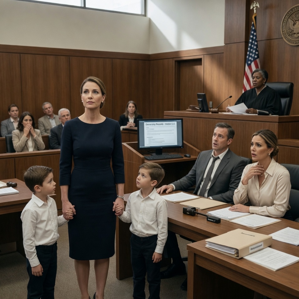 “You’ll Leave With Nothing… And I’ll Take The Kids,” My Husband Said As His Mistress Smiled In Court — But When I Walked In With Our Twin Boys, The Truth About His Company Made Even The Judge Go Silent