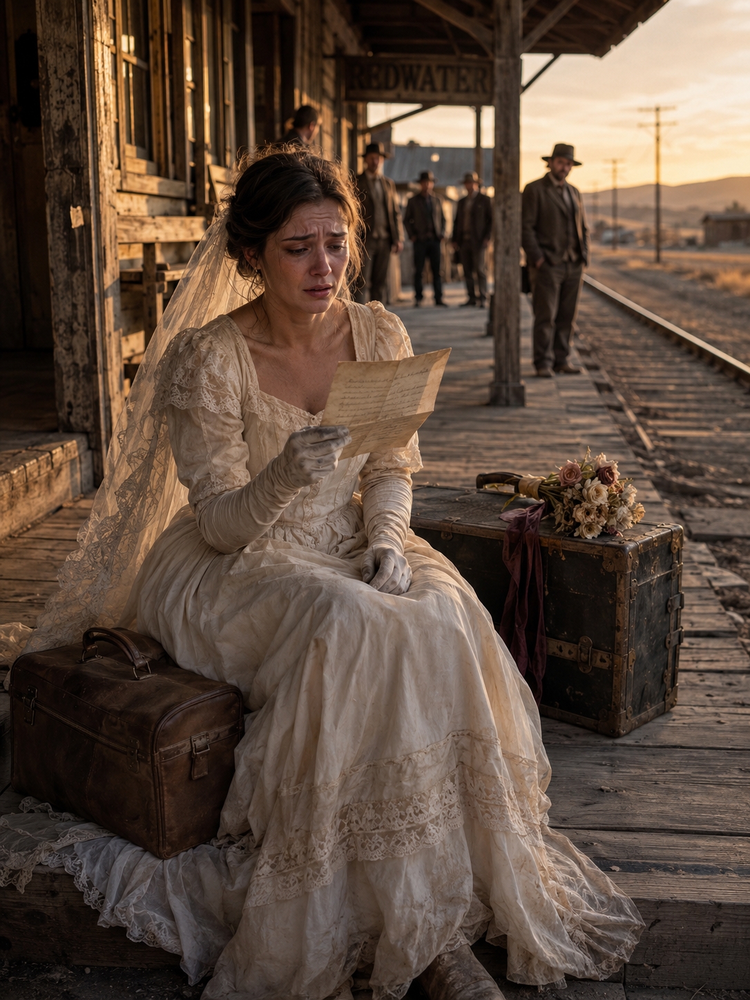 Lydia Monroe stood on the platform in her wedding dress for 3 days, waiting for a husband who didn’t exist. The letter had promised a rancher named William Sterling a home, a future, safety. Instead, she got silence, stairs, and the slow realization that she’d been conned.