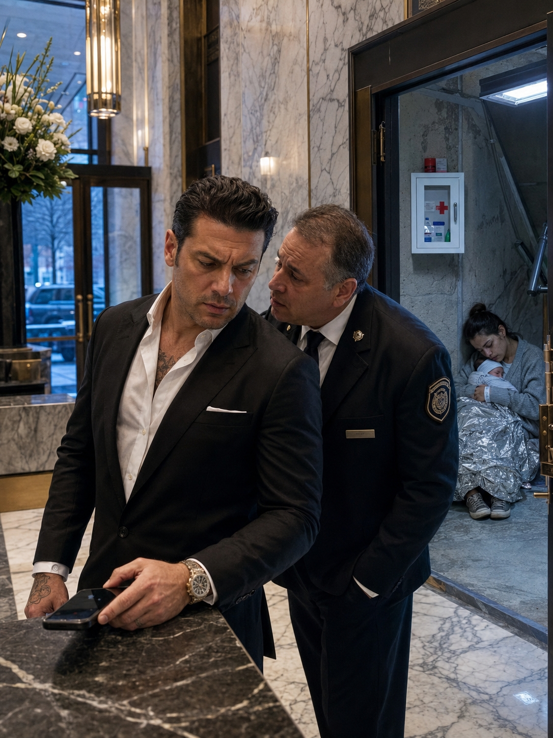 When The Billionaire Found A New Mother Sleeping In His Stairwell, Her Ex Thought He Had Already Erased Her—But A Hospital Bracelet, A Foil Blanket, And One Quiet Security Guard Turned His Perfect Legal Trap Into Public Ruin