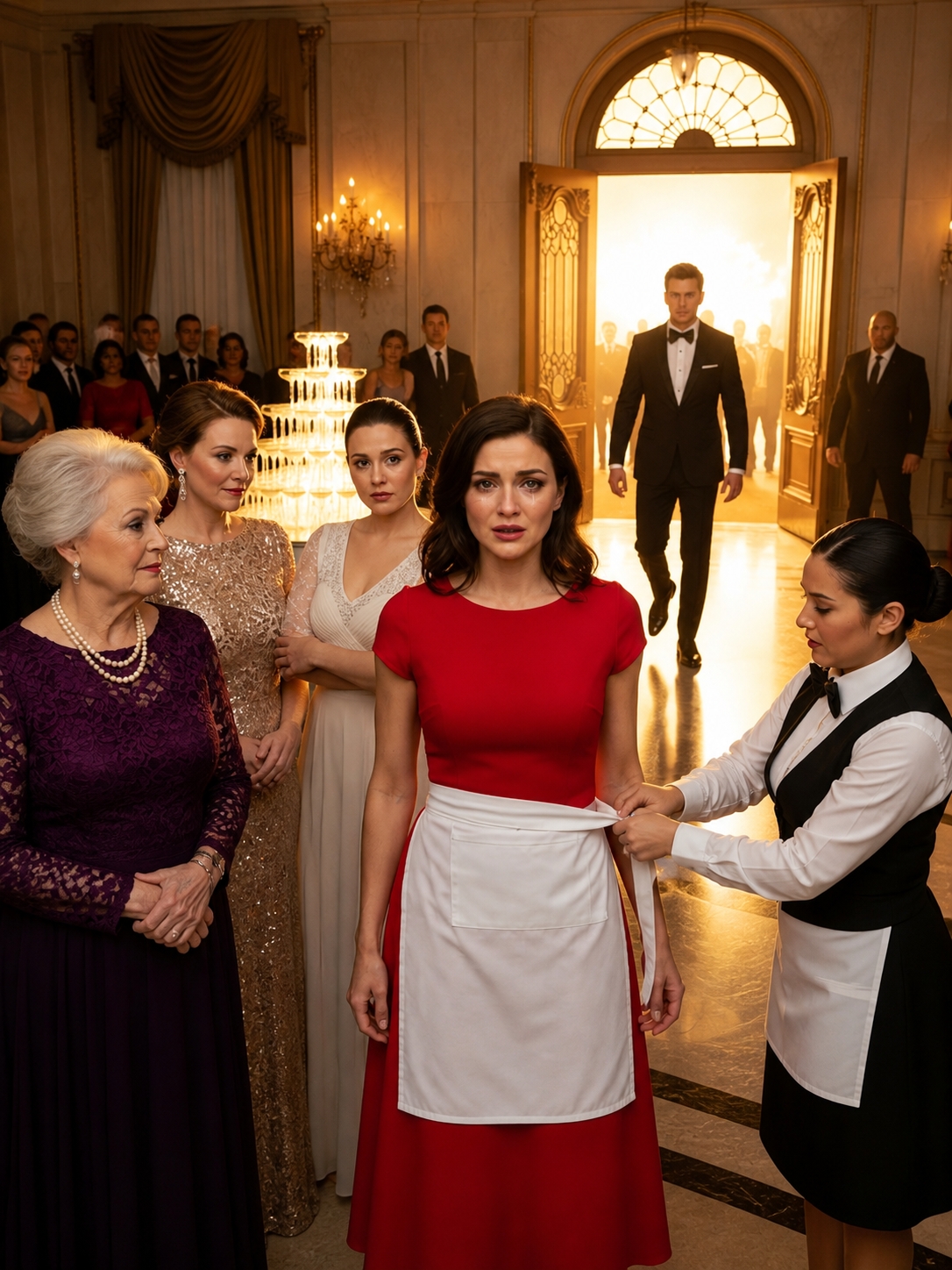 I Was Standing in My Red Dress With a Servant’s Apron Tied Around My Waist While My Sister’s Future In-Laws Laughed and Told Me to Know My Place—But the Moment My Husband Walked Through Those Doors, Their Marble Empire Stopped Looking Like Power and Started Looking Like Evidence