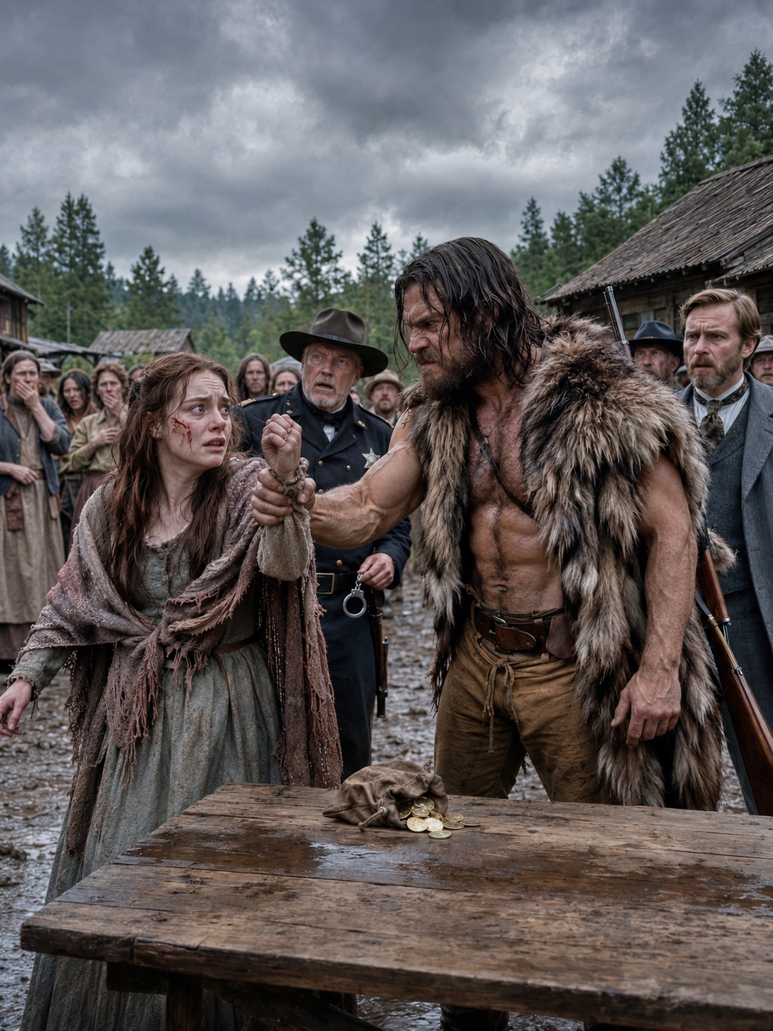 “You’re Mine Now, Darlin’” The Morning Copper Creek Gathered to Chain the Scarred Woman They Called Cursed, a Silent Mountain Giant Walked Out of the Blizzard, Dropped Gold into the Mud, and Took Her Away Before the Town Realized the Girl They Had Tried to Bury Was the Only Witness Standing Between Them and Ruin