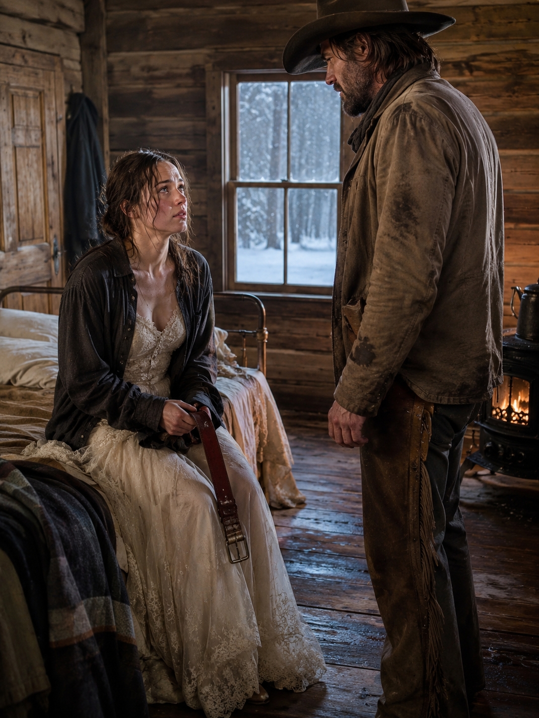 The Stagecoach Left Me in a Wedding Dress at the Edge of Frozen Bear’s Hollow After the Man Who Paid for Me Died, and Before Spring Came the Quiet Stranger Who Gave Me Shelter Was Standing Bloody Before the Whole Camp While I Finally Said I Had Never Belonged to Anyone