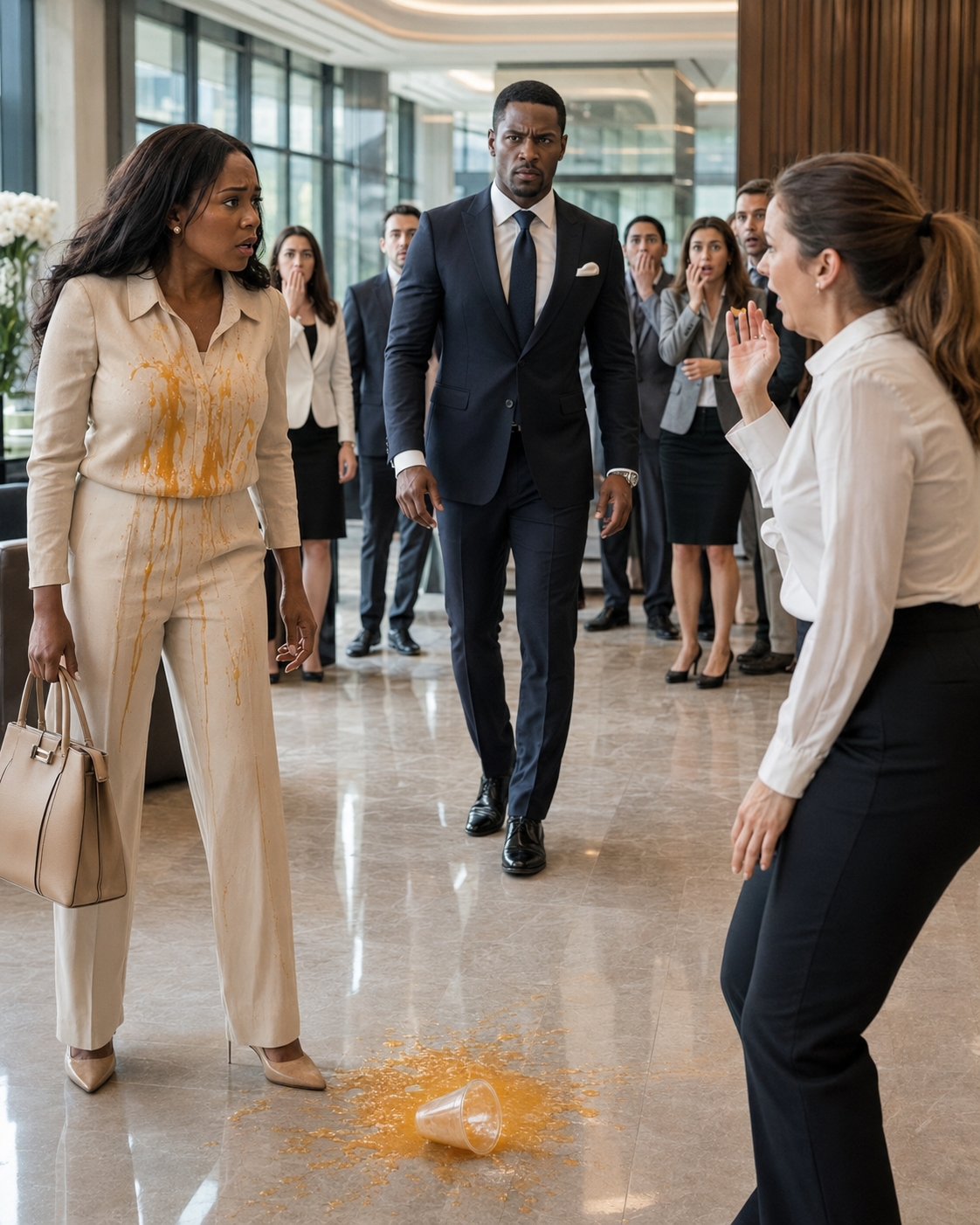 The Morning a Furious Executive Ordered Me Out of My Husband’s Boardroom While Orange Juice Ran Down My Blouse, No One at That Table Understood the Quiet Black Woman by the Glass Door Wasn’t Lost at All—and By Nightfall, the Company’s Most Protected Career Was Already Beginning to Collapse