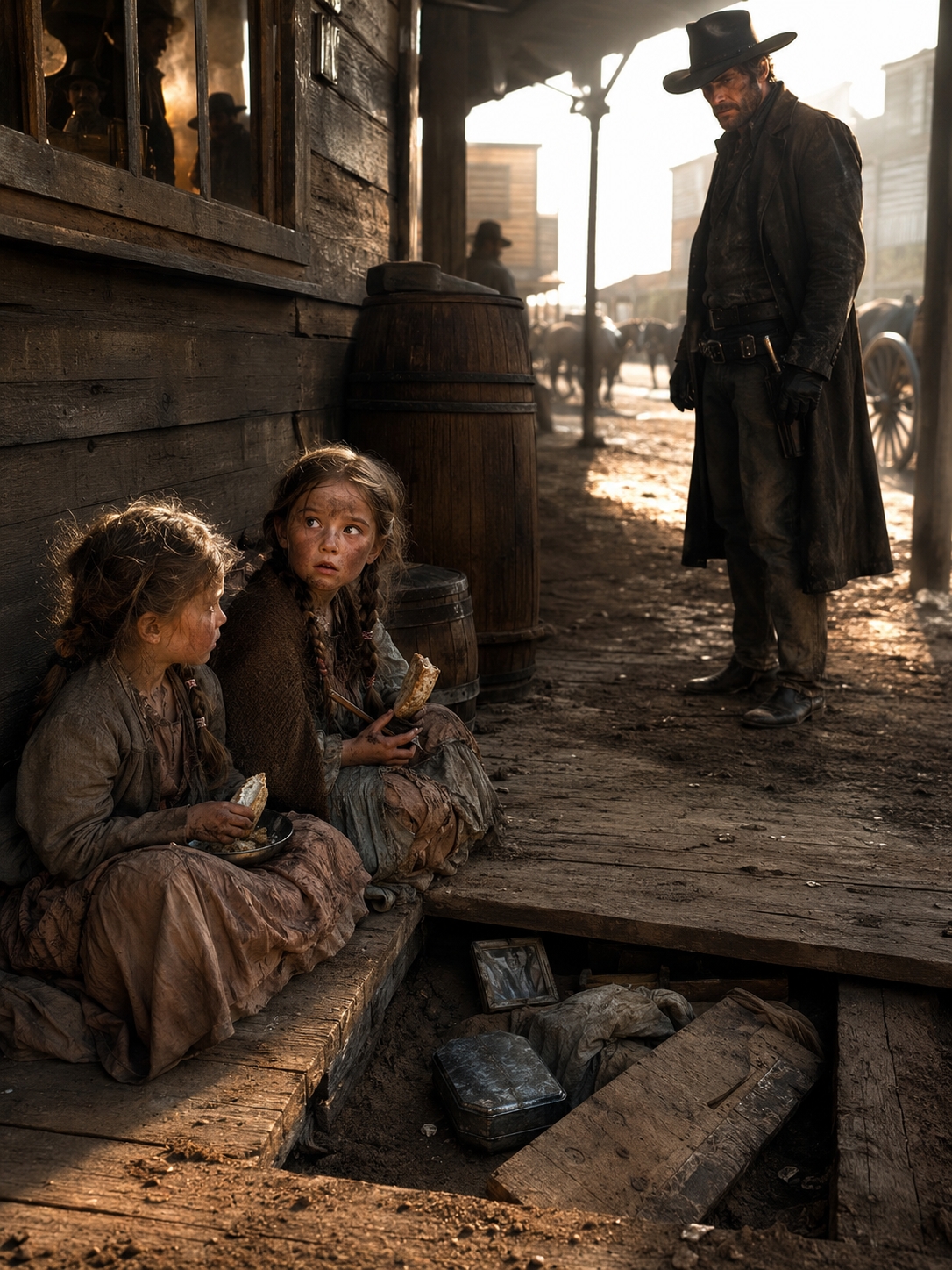 Every Morning 2 Twin Girls Ate Behind the Saloon—Until a Grieving Cowboy Followed Them and Found the Truth Buried Under Their Floor